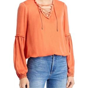 T Tahari Lace Up Neck Long Sleeve Top